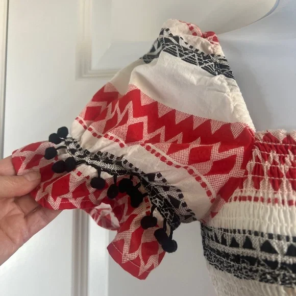 EN CRÈME Smocked Boho Pom Pom Mini Dress Red Cream Black Size XS TINY FLAW - Picture 5 of 11